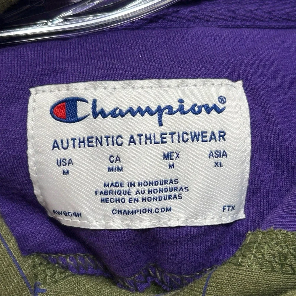 Champion Green and‎ Purple Plaid Power Blend Hoodie Pullover Mens Size M Grunge